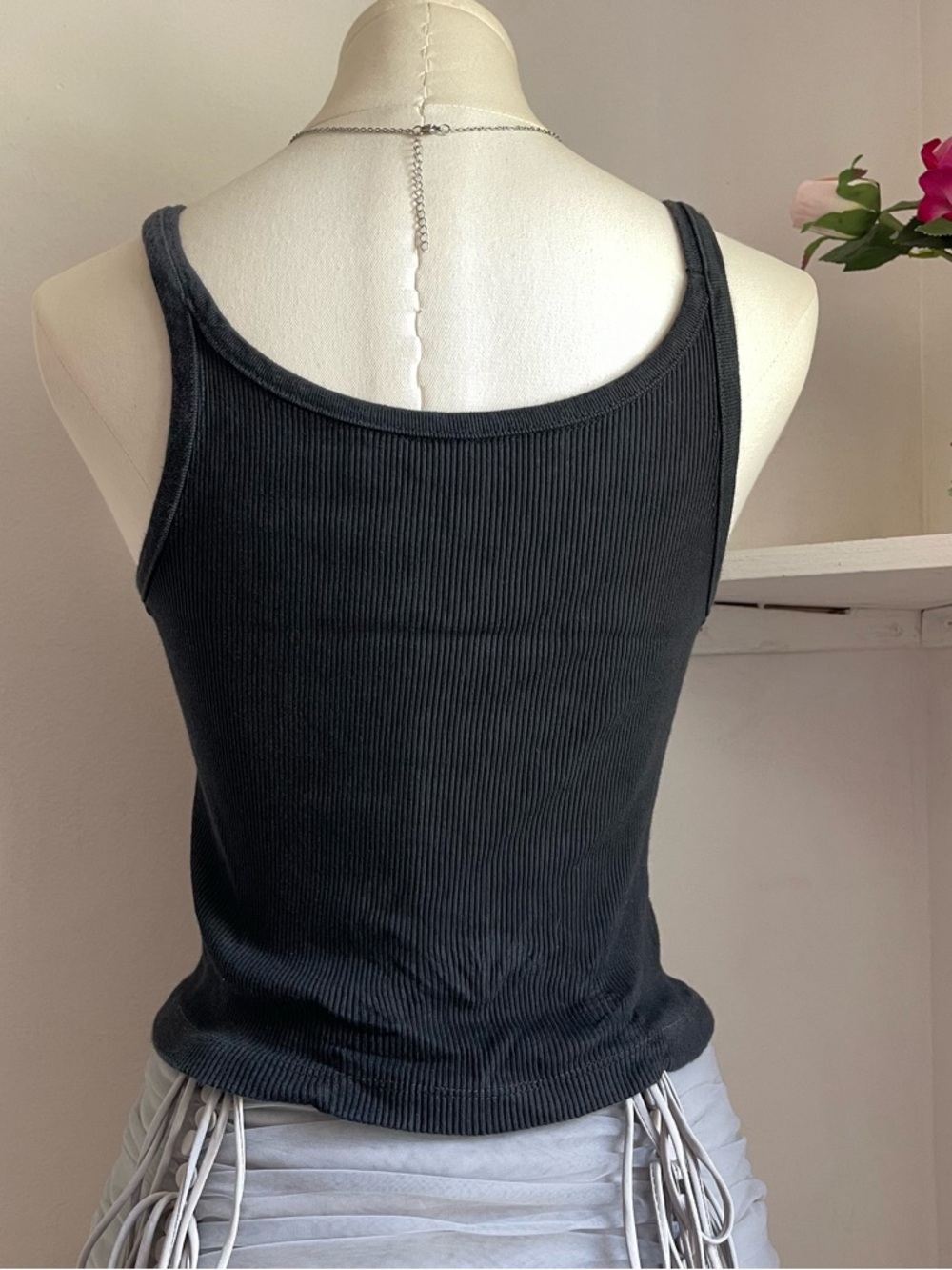 Vintage Black Ribbed Tank Top with White Winged Skull Graphic - Picture 3 of 4